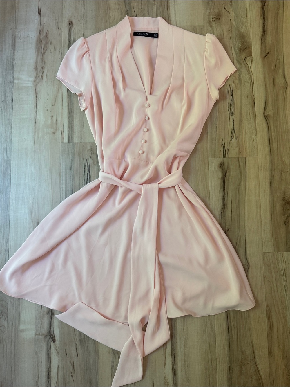 Lauren Ralph Lauren Blush Pink V-Neck Tie-Waist Mini Dress